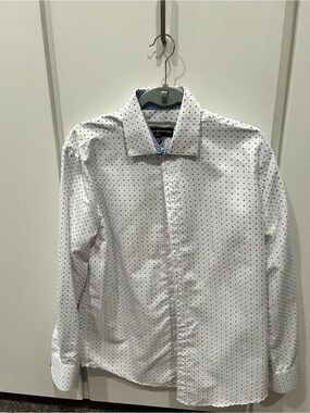 Society Of Threads White Dress Shirt with Navy Micro-Dots